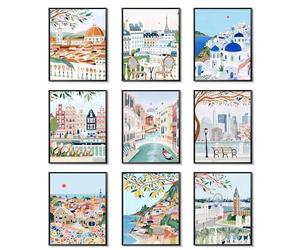 Lot de 9 affiches murales vintage de villes de voyage - Impressions sur toile pour décoration intérieure, 20,3 x 25,4 cm, sans cadre