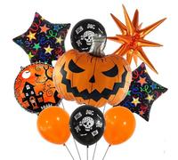 Lot de 9 ballons géants en aluminium citrouille de 73,7 cm - Décoration d'Halloween avec crâne, étoiles et ruban pour fête effrayante et bar