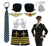 Lot de 9 bonnets de pilote pour homme - Accessoires avec lunettes de pilote - Cravate - Épaule - Broche - Collier - Gants pour adultes - Carnaval - Fête cosplay