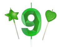 Lot de 9 bougies vertes en forme de diamant 3D de 7 cm de haut, couleur verte pailletée, décoration de gâteau d'anniversaire pour adultes/enfants/pâtisserie de famille (vert, 7 cm, chiffre 3D 9)