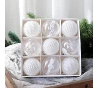 Lot de 9 boules de Noël blanches de 8 cm avec boucles de suspension et variations de design artistique pour arbre, couronne, centre de table dans les lieux de vacances