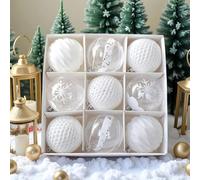 Lot de 9 boules de Noël blanches de 8 cm pour couronne de sapin, décoration de table - Décorations festives en plastique à suspendre avec 3 variétés de motifs artistiques - Pendentifs de vacances