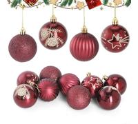 Lot de 9 boules de Noël rouges avec paillettes et variations de motifs, fabriquées en plastique robuste, avec des cordes de suspension pour un placement facile sur les arbres et les couronnes (rouge