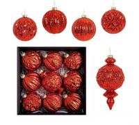 Lot de 9 boules décoratives de Noël incassables à paillettes rouges en métal doré à suspendre rapidement pour décoration d'arbre de vacances, couronnes, centres de table, présentoirs de vente au
