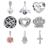Lot de 9 breloques européennes pour bracelets Pandora, bracelets à faire soi-même, colliers, bijoux, cadeau pour anniversaire, Saint-Valentin, fête, Noël, fête des mères, cœur, patte d'amour et croix