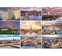 Lot de 9 cartes postales Villes en Europe : Paris Barcelone Rome Prague Amsterdam Athènes Copenhague Budapest Photos/Images/Souvenirs