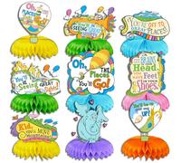 Lot de 9 centres de table en nid d'abeille Oh The Places You'll Go pour décorations de table - Fournitures de fête d'anniversaire de dessin animé pour fête prénatale