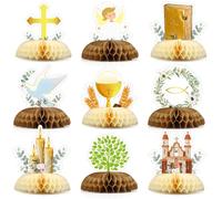 Lot de 9 Centres de Table Nid d'Abeille Baptême - Décoration Communion Solennelle - Croix et Colombe - Fabrication Carton Luxe - Thème Religieux pour Cérémonie, Fête de Naissance & Mariage