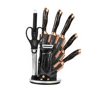 Lot de 9 couteaux design marbre doré, couteau de chef 20,3 cm, couteau à pain, couteau universel, couteau à éplucher, hachoir, ciseaux, fusil à aiguiser avec support, noir