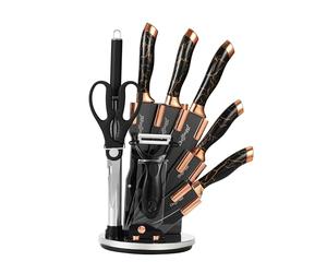 Lot de 9 couteaux design marbre doré, couteau de chef 20,3 cm, couteau à pain, couteau universel, couteau à éplucher, hachoir, ciseaux, fusil à aiguiser avec support, noir