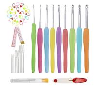 Lot de 9 crochets à crochet en aluminium avec poignée en caoutchouc souple et 12 marqueurs de point de verrouillage pour crochet à tricoter 2 mm, 2,5 mm, 3 mm, 3,5 mm, 4 mm, 4,5 mm, 5 mm, 5,5 mm, 6 mm