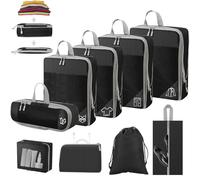 Lot de 9 cubes de compression étanches pour valise, bagages à main, valises et sac à dos, noirs