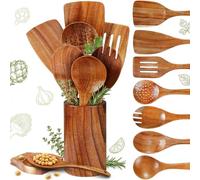 Lot de 9 cuillères de cuisine en bois naturel avec support, poignée confortable, ustensiles en bois antiadhésifs pour la cuisine - Cuillère en bois, spatule en bois, louche à soupe