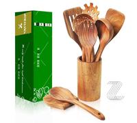 Lot de 9 cuillères en bois pour la cuisine, ustensiles de cuisine en bois avec prise en main confortable, ensemble d'ustensiles de cuisine en teck avec porte-ustensiles, repose-cuillère et crochets