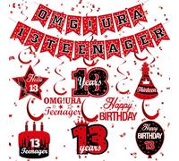 Lot de 9 décorations de 13e anniversaire pour garçons et filles OMG URA 13 adolescents - Bannière et tourbillons à suspendre - Bannière rouge et noire « Happy 13th Birthday » à suspendre pour 13e