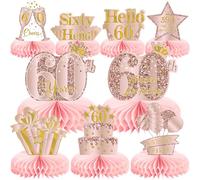 Lot de 9 décorations de 60e anniversaire en nid d'abeille rose doré rose pour filles, centre de table d'anniversaire de 60 ans