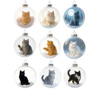 Lot de 9 décorations de Noël en verre en forme de chat mignon, boule de cristal 3D vive, pièce maîtresse de table, décoration de maison de vacances pour amoureux des chats, breloque festive