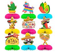 Lot de 9 décorations de table en nid d'abeille Cinco de Mayo - Décoration de table mexicaine - Cactus, piñata, taco et ombrero - Décorations de fête