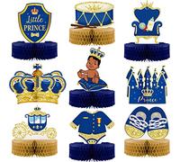 Lot de 9 décorations de table sur le thème du Prince royal en nid d'abeille pour bébés garçons - Décorations de table afro-américaines - Bleu et doré - Couronne de château - Centre de table pour fête