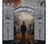 Lot de 9 décorations pour cimetière d'Halloween, pierres tombales, château en carton avec arche, grand village hanté d'Halloween, maison de jeu, cimetière, pierres tombales pour tours ou friandises