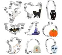 Lot de 9 emporte-pièces d'Halloween en acier inoxydable pour pâtisserie - Fantôme, chauve-souris, chat, citrouille, crâne, cercueil et chapeau de sorcière (Halloween)