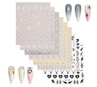 Lot de 9 feuilles d'autocollants pour ongles 3D dorés, argentés, noirs, cœurs, étoile, ailes d'ange, lune, paillettes, décoration d'ongles
