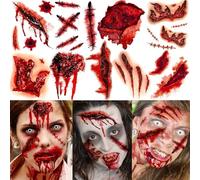 Lot de 9 feuilles de tatouages faux cicatrices pour Halloween, unisexe, adulte, fausses plaies, blessures, coupures, rayures, points, tatouages temporaires, visage de vampire, Halloween, zombie