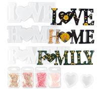 Lot de 9 moules en résine époxy 3D Love Home Family Live - Avec 2 cœurs et paillettes en 4 formes - Pour artisanat, décoration, cadeau de festival
