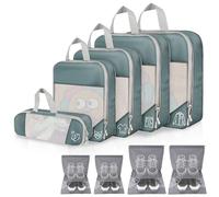 Lot de 9 Organisateurs de Valise à Compression, Packing Cubes Compression Gris, Pochettes de Rangement Voyage en Maille, Cubes de Bagage Multi-Tailles avec 4 Pcs Sacs à Chaussures