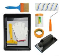 Lot de 9 outils de projet de peinture avec rouleau, brosse en nylon, film de masquage, raclette, support de papier abrasif, gants pour rénovation d'escalier