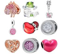 Lot de 9 perles intercalaires argentées pour bracelet Pandora Papillon rose CZ Pendentif en émail rose Cœur Couronne Happy Birthday