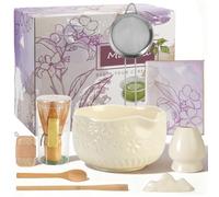 Lot de 9 pièces à thé matcha avec whisky et bol - Beige - Kit de démarrage - Bol à matcha en céramique avec bec et loofah (blanc)
