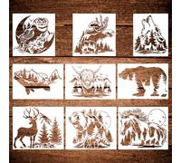 Lot de 9 pochoirs à bois en forme d'animaux - Cerf, ours, cheval, élan, chouette, poisson, loup, clôture, peinture par pulvérisation et dessin pour travaux manuels sur bois et tissu