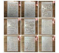 Lot de 9 pochoirs réutilisables pour peinture, format A4, 29 cm, texte de paragraphe, pour peinture sur bois, toile, tissu, mur, meubles, décoration d'intérieur