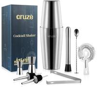 Lot de 9 shaker à cocktail - 800 ml Boston Shaker double doseur pilon bar cuillère passoire pince et bec verseur - Coffret cadeau pour divertissement à la maison