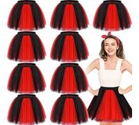 Lot de 9 tutus colorés pour femme - Jupe tutu en tulle à 4 couches - Élastique classique en vrac pour femmes et filles - Costume d'Halloween des années 80, rouge/noir, Taille Unique