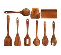 Lot de 9 ustensiles de cuisine avec support - Ustensiles en bois de cuisine - Cuillère et spatule à pâte - Traiteur - Camion - Fête - Appartement - Préparation des repas - Inauguration - Cuisinier
