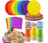 Lot de 90 couverts de fête multicolores avec assiettes, tasses et serviettes, serviettes de table, assiettes en carton et serviettes pour bricolage, anniversaire, fiançailles, mariage, décoration