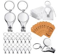 Lot de 90 porte-clés coupe-ongles argentés avec étiquettes d'escorte et cordon de serrage blanc en organza pour fête, mariage, cadeaux, souvenirs, invités