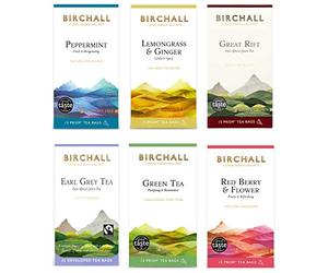 Lot de 90 sachets de thé Birchall (6 saveurs - menthe poivrée, citronnelle et gingembre, grand fléau, Earl Grey, thé vert, baies rouges et fleurs) sans plastique
