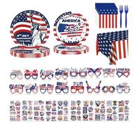 Lot de 91 décorations pour 250e anniversaire du 4 juillet - Drapeau américain - Fournitures de fête patriotique - Pour 16 personnes comprenant des assiettes, des serviettes, des nappes, des
