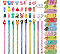 Lot de 92 crayons parfumés avec marque-pages parfumés et décorations de crayons de dessin animé pour enfants, étudiants, fournitures scolaires comprenant 30 crayons, 32 décorations de crayon, 36