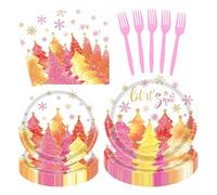 Lot de 96 assiettes et serviettes en papier jetables pour décorations de fête - Motif sapin de Noël - Rose - Let It Snow - Flocon de neige - Fournitures de fête d'hiver pour anniversaire, mariage