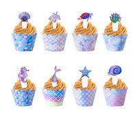 Lot de 96 décorations de dessert, décorations de fête sur le thème du fond marin, accessoires d'emballage de cupcake, décoration de gâteau sirène, convient pour les anniversaires et les anniversaires