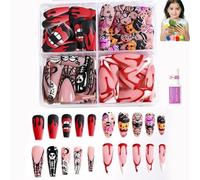 Lot de 96 faux ongles à presser pour enfants - Faux ongles longs cercueils et aiguilles avec boîte de rangement - Motifs vampire goutte de sang - Faux ongles réutilisables en acrylique pour femmes et