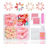Lot de 96 faux ongles press on nails, en forme d'amande, français, à coller, avec fleurs, faux ongles, naturels et agréables à porter, pour femmes (couleur, moyen)