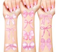 Lot de 96 feuilles de 16 feuilles de tatouages temporaires en forme de nœuds roses pour décoration de fête d'anniversaire pour enfants, adultes, filles et femmes
