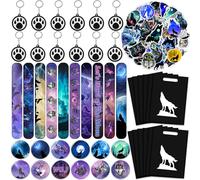 Lot de 98 cadeaux d'anniversaire sur le thème du loup Galaxy avec bracelets, autocollants, porte-clés, badges à épingles et sacs cadeaux pour enfants, garçons et filles.