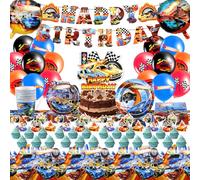Lot de 98 décorations d'anniversaire Hot Whee-l - Motif Monster Truck - Assiettes en carton - Assiettes de fête - Gobelets - Serviettes - Pailles - Ballons - Décoration d'anniversaire pour 10