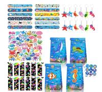 Lot de 98 petits cadeaux de fête d'animaux marins pour anniversaire d'enfant, 12 bracelets à clip, 12 porte-clés, 12 sacs cadeaux, 50 autocollants et 12 marque-pages, pour filles et garçons